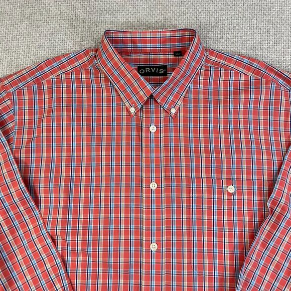 Orvis Shirt Wrinkle Free Men's XL Pink Blue Plaid Button Down Long Sleeve Casual - Picture 2 of 10